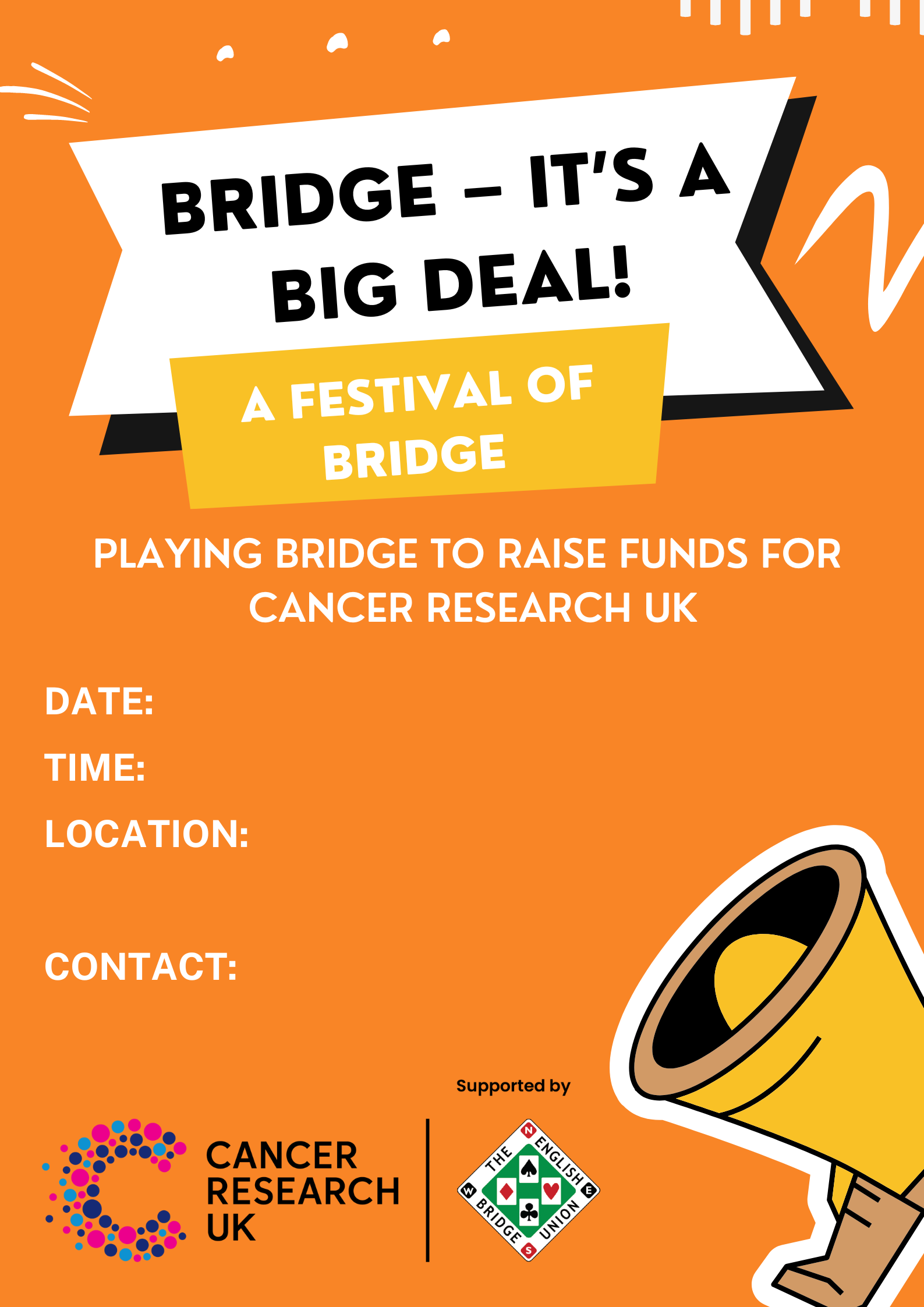 Bridge Festival poster: orange background and yellow megaphone with text details the date time, location and contact info all blank as a template
