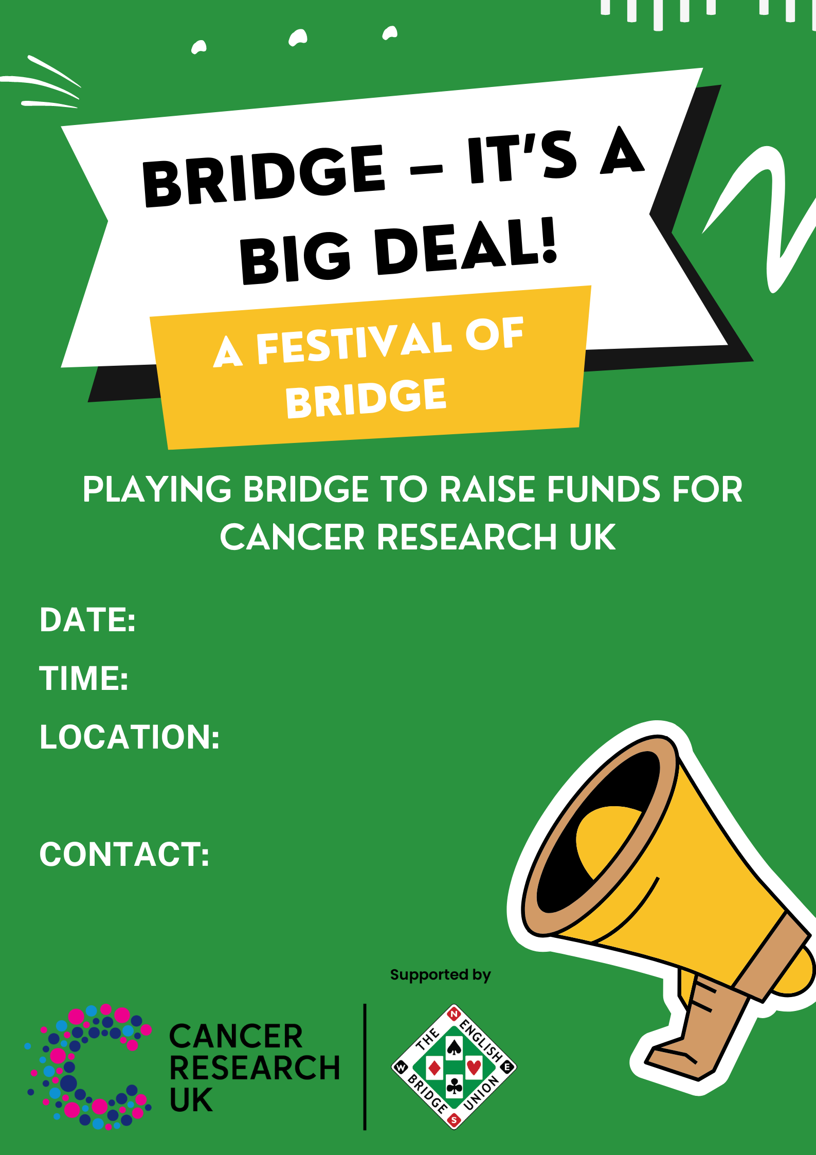 Bridge Festival poster: green background and yellow megaphone with text details the date time, location and contact info all blank as a template