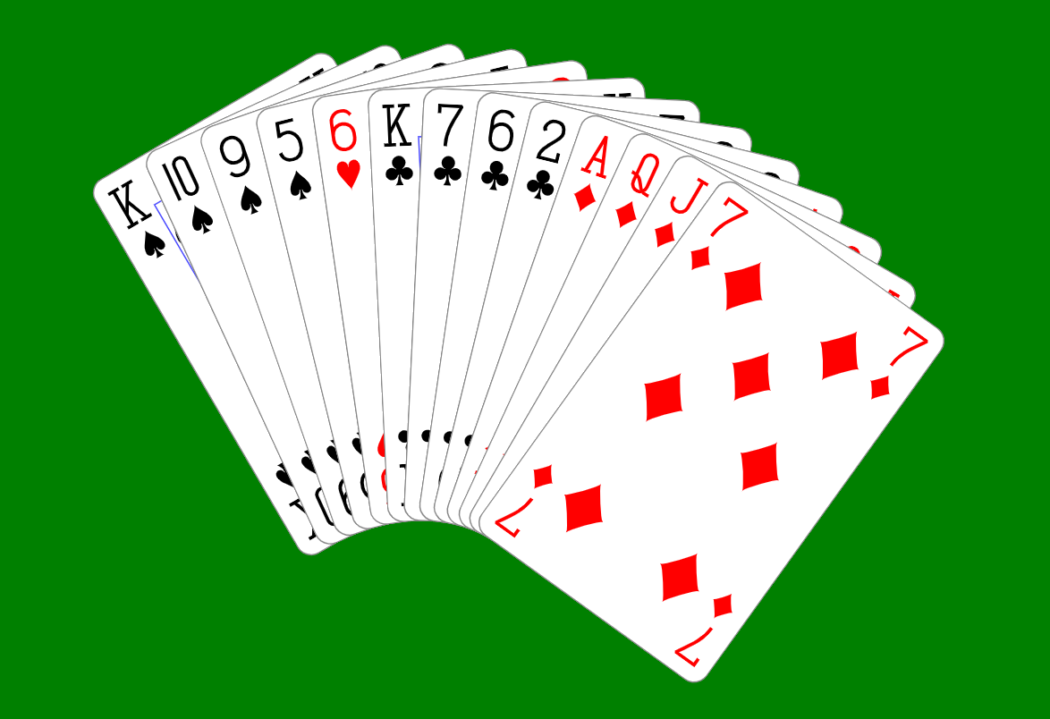 Drawing of a hand of playing cards showing Spades (King, 10, 9, 5), Hearts (6), Clubs (King, 7, 6, 2) and Diamonds (Ace, Queen, Jack, 7) on a green background