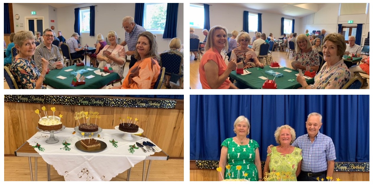 Four pictures showing the celebrations of the bridge clubs birthday party. Two pictures show people playing bridge at tables, one shows a table full of cake and the fourth shows three people stood behind the table full of cake smiling at the camera